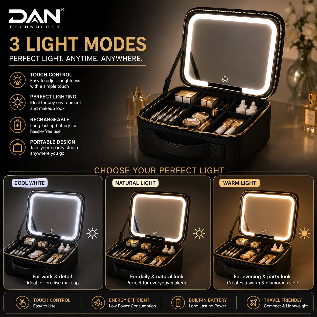 DAN TECHNOLOGY Portable Makeup Organizer with LED Mirror