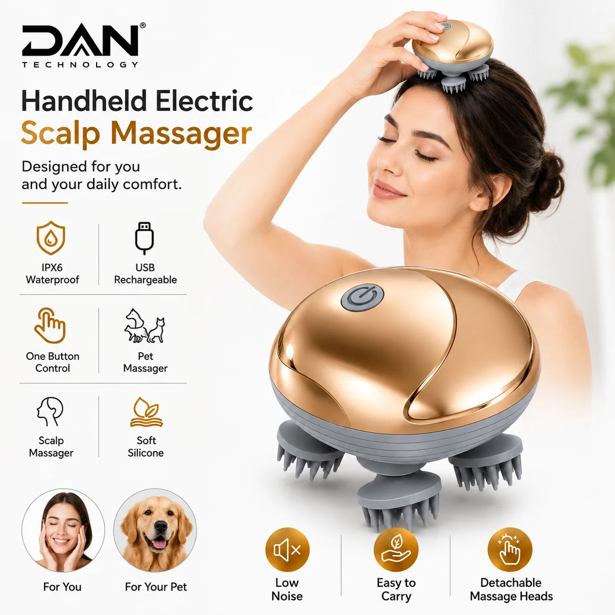 DAN TECHNOLOGY Premium Rechargeable Electric Head & Scalp Massager – Metallic Finish Gold