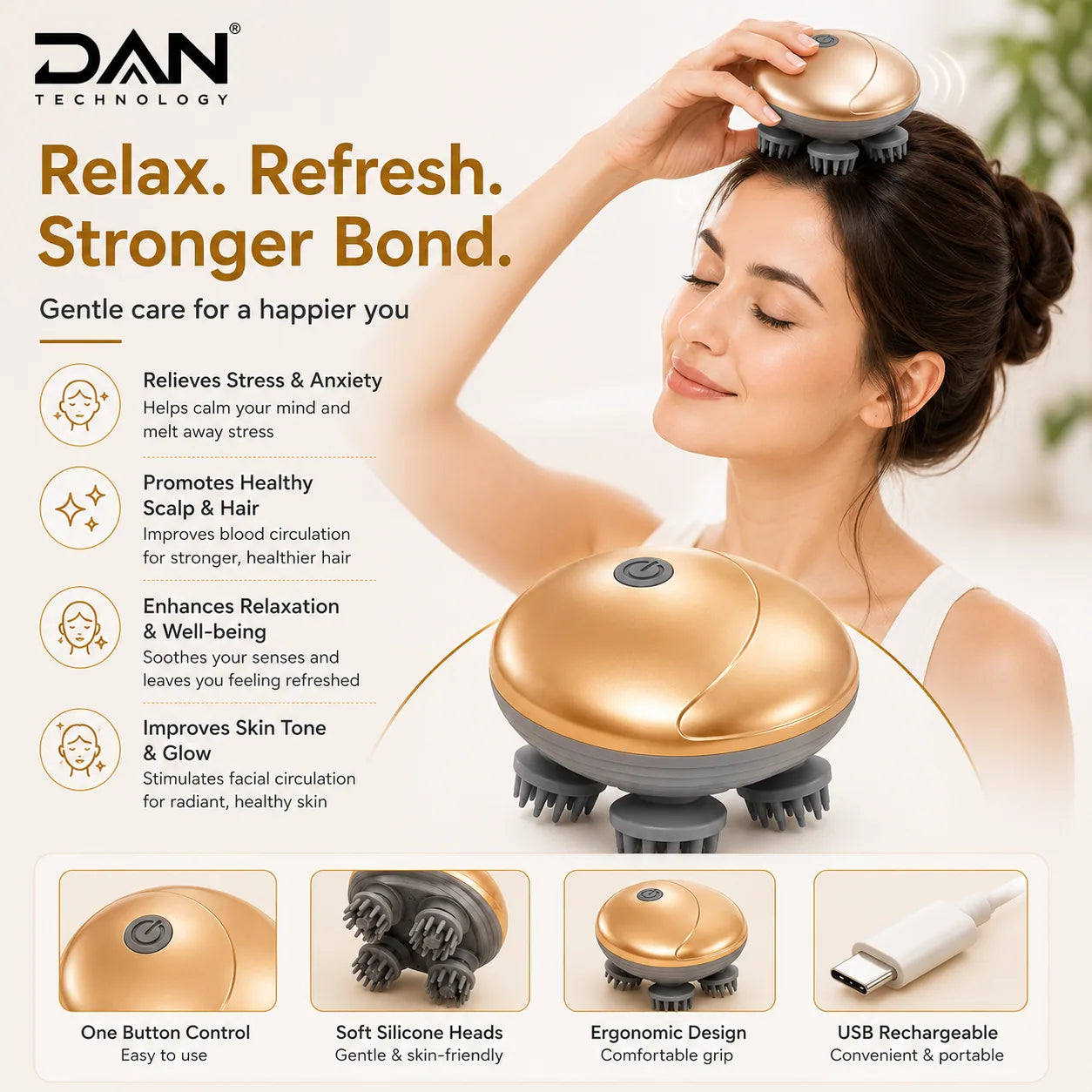 DAN TECHNOLOGY Premium Rechargeable Electric Head & Scalp Massager – Metallic Finish Gold