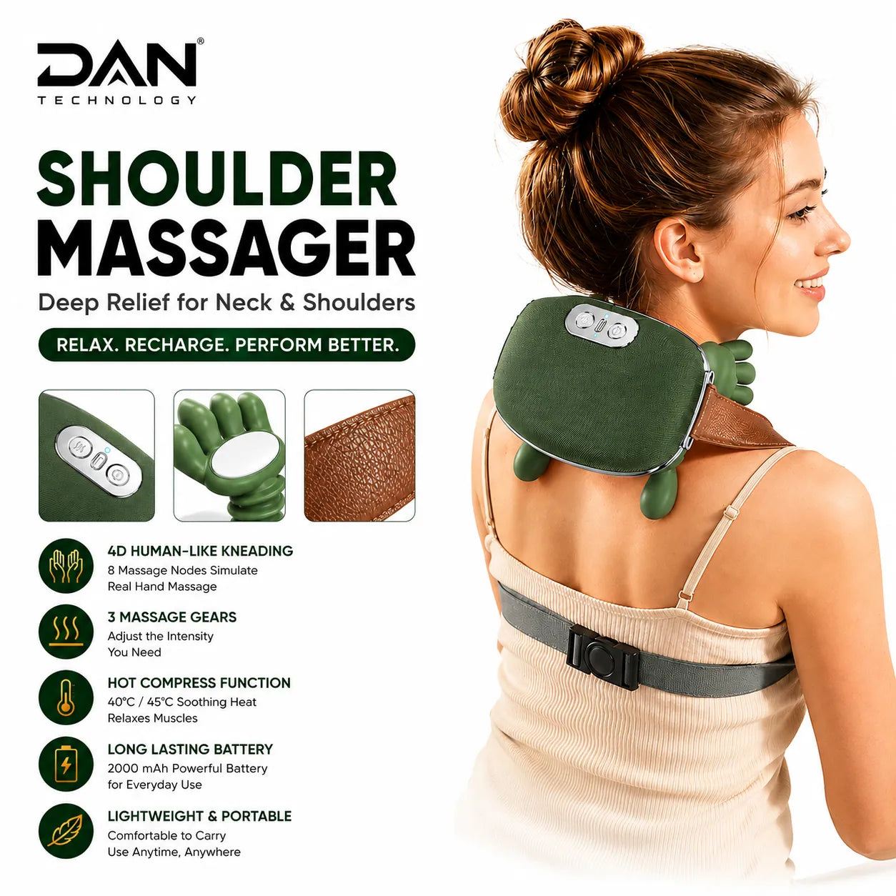 DAN TECHNOLOGY 5D Shiatsu Neck & Back Massager – Rechargeable
