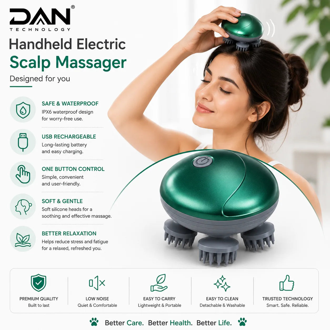 DAN TECHNOLOGY Premium Rechargeable Electric Head & Scalp Massager – Metallic Finish Green