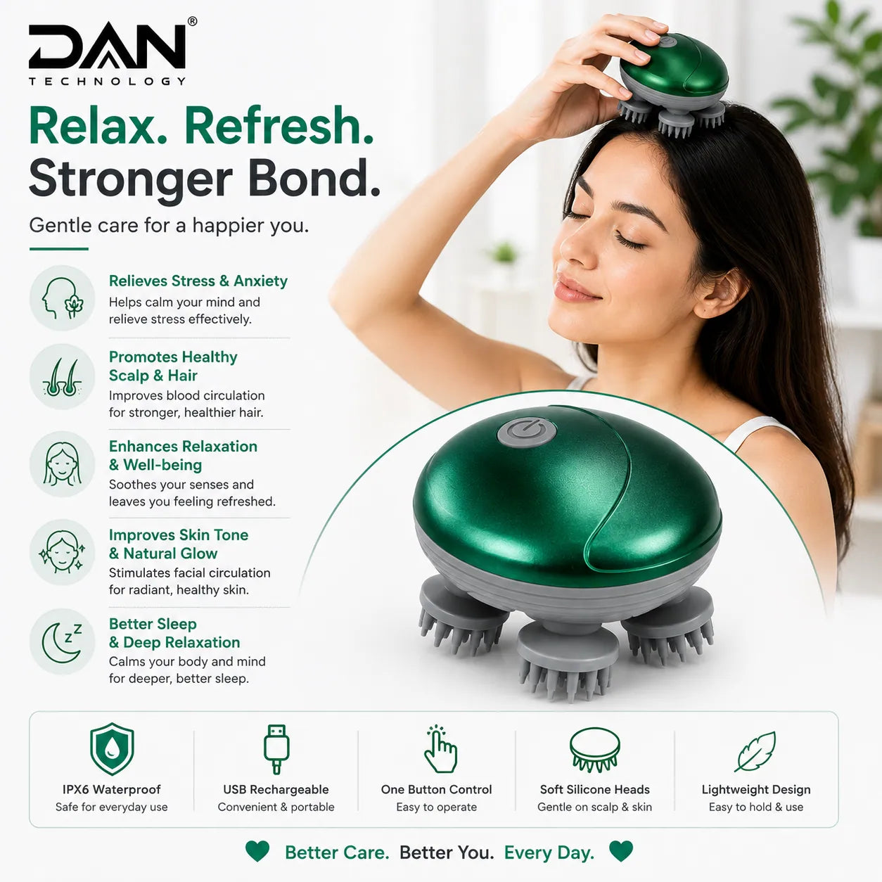 DAN TECHNOLOGY Premium Rechargeable Electric Head & Scalp Massager – Metallic Finish Green
