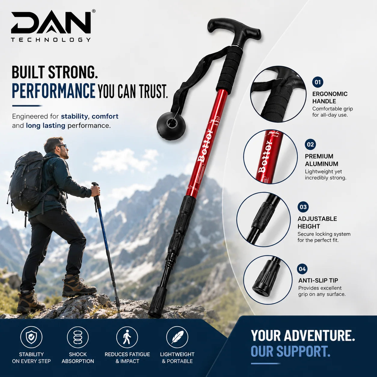 DAN TECHNOLOGY Premium Adjustable Hiking & Trekking Pole