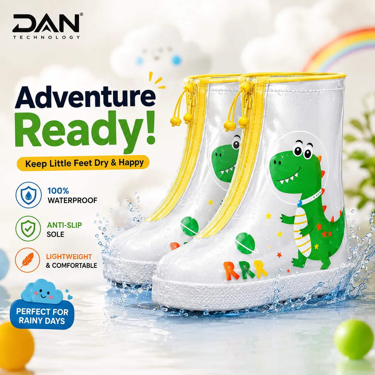 DAN TECHNOLOGY Premium Kids Waterproof Rain Shoe Covers with Anti-Slip Sole