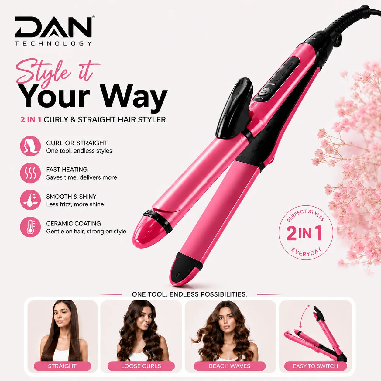 DAN TECHNOLOGY Professional 2-in-1 Hair Straightener & Curler