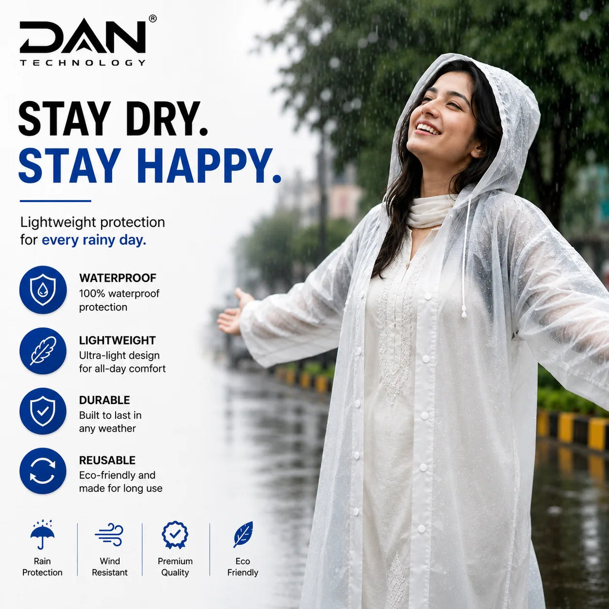 DAN TECHNOLOGY Lightweight Long Waterproof Raincoat for Men & Women