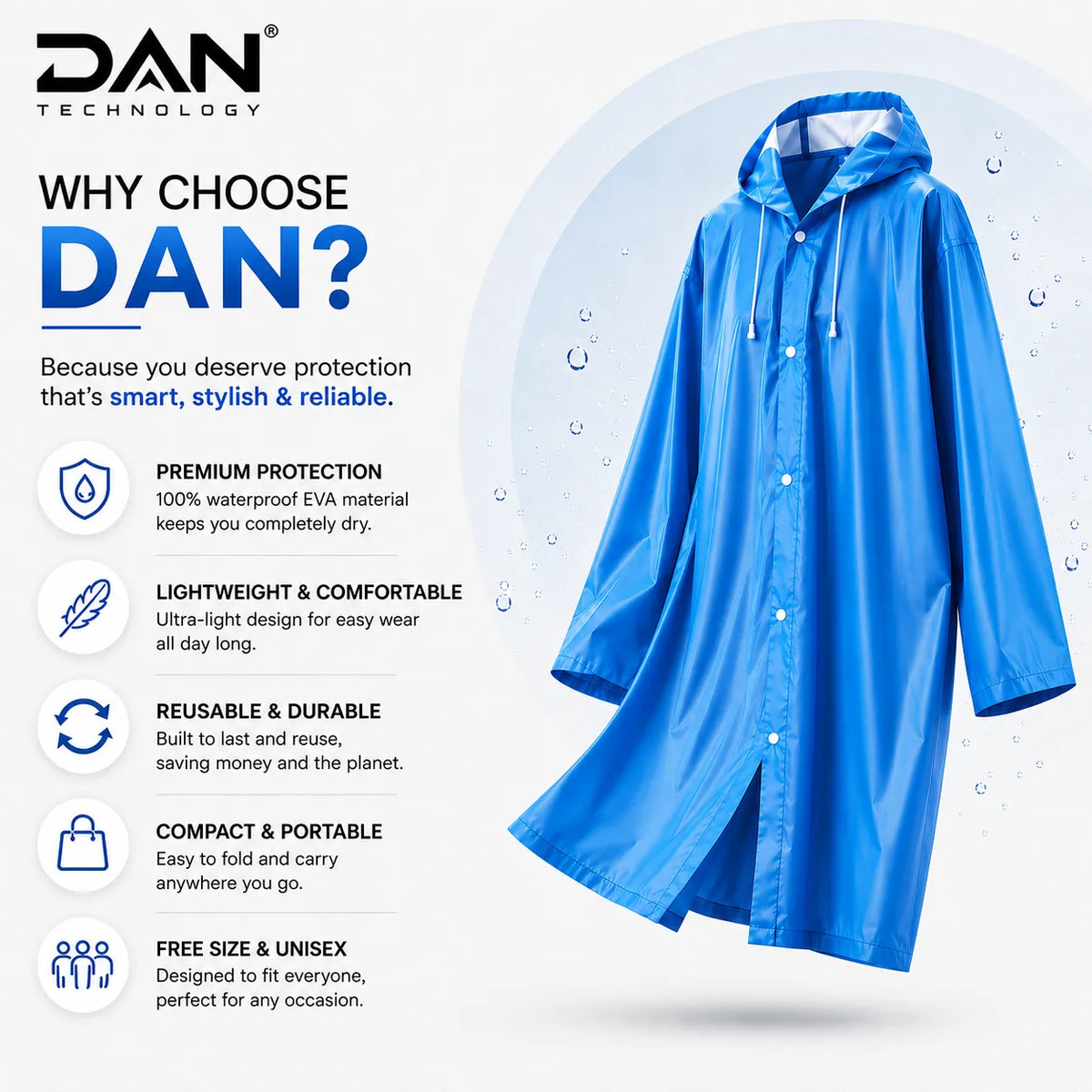 DAN TECHNOLOGY Lightweight Long Waterproof Raincoat for Men & Women