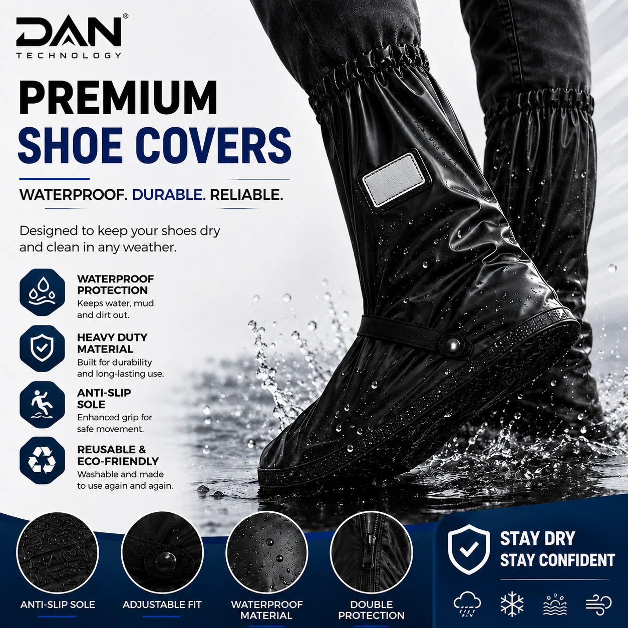 DAN TECHNOLOGY Premium Heavy-Duty Long Waterproof Shoe Covers | Anti-Slip Reusable Rain Overshoes