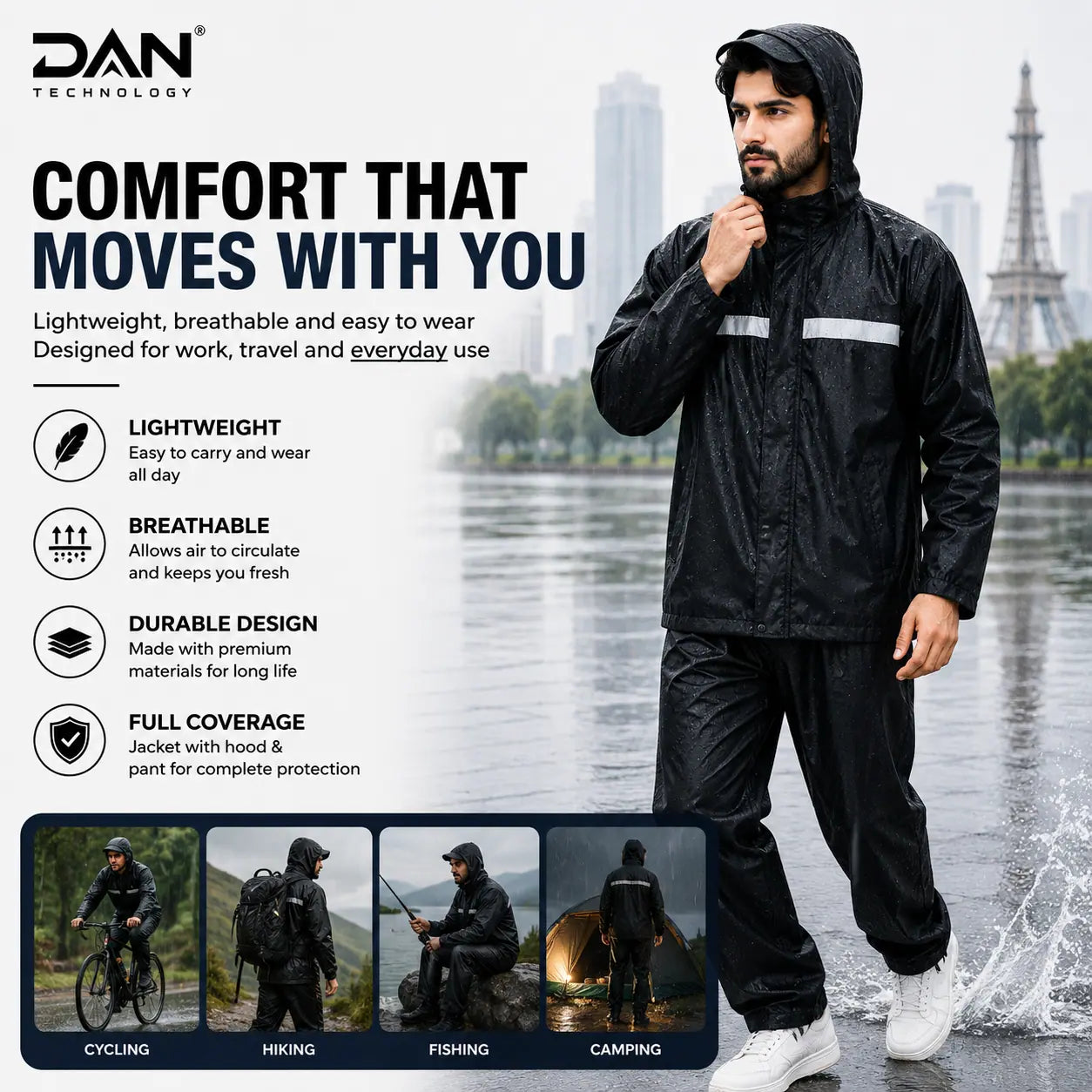 DAN TECHNOLOGY Premium Waterproof Rain Suit for Men & Women | Windproof Hooded Jacket & Trouser Set | Reflective All-Weather Outdoor Rainwear
