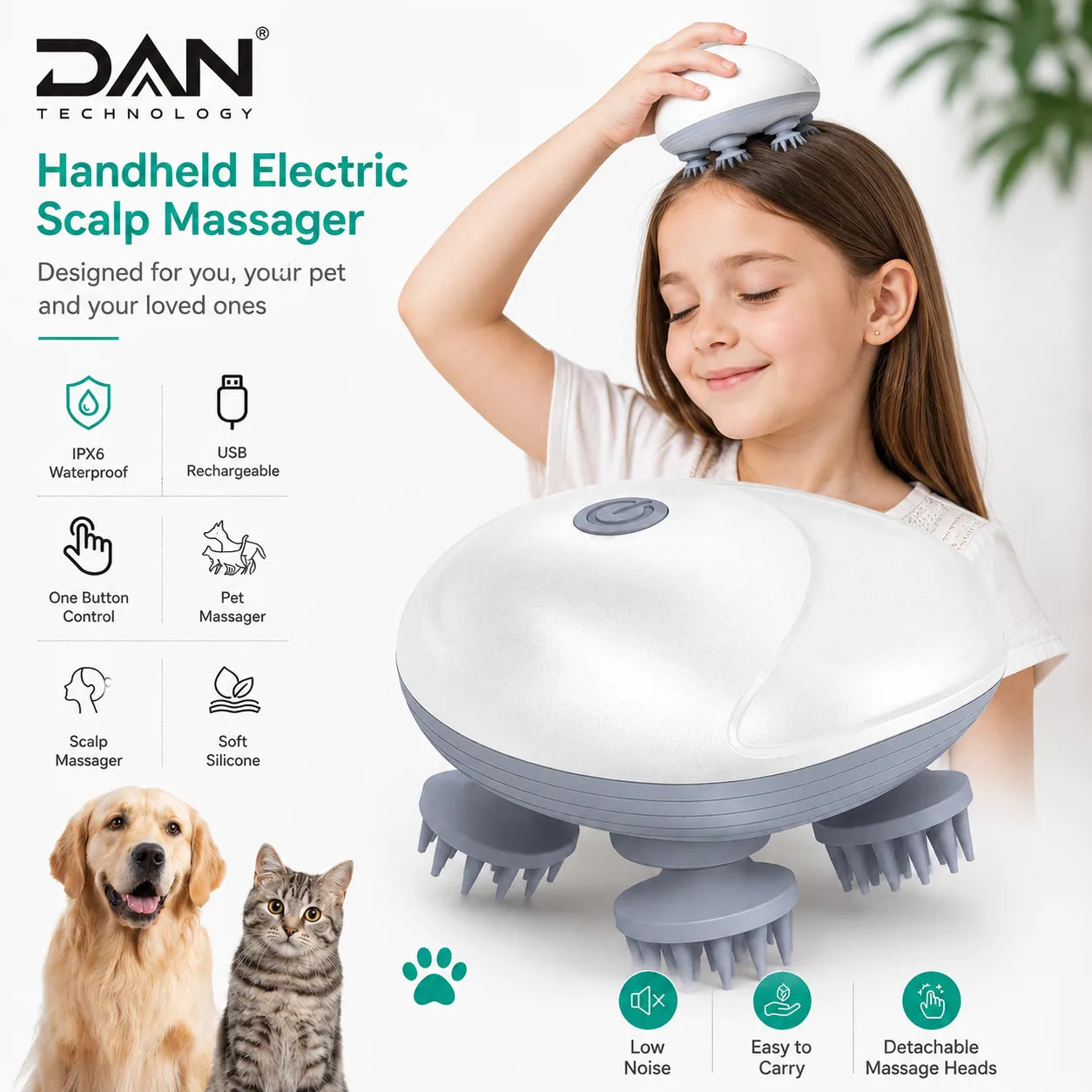 DAN TECHNOLOGY Premium Rechargeable Electric Head & Scalp Massager – Classic Finish
