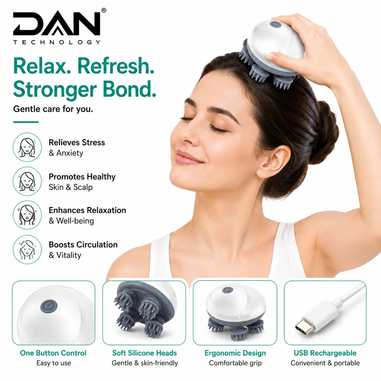 DAN TECHNOLOGY Premium Rechargeable Electric Head & Scalp Massager – Classic Finish