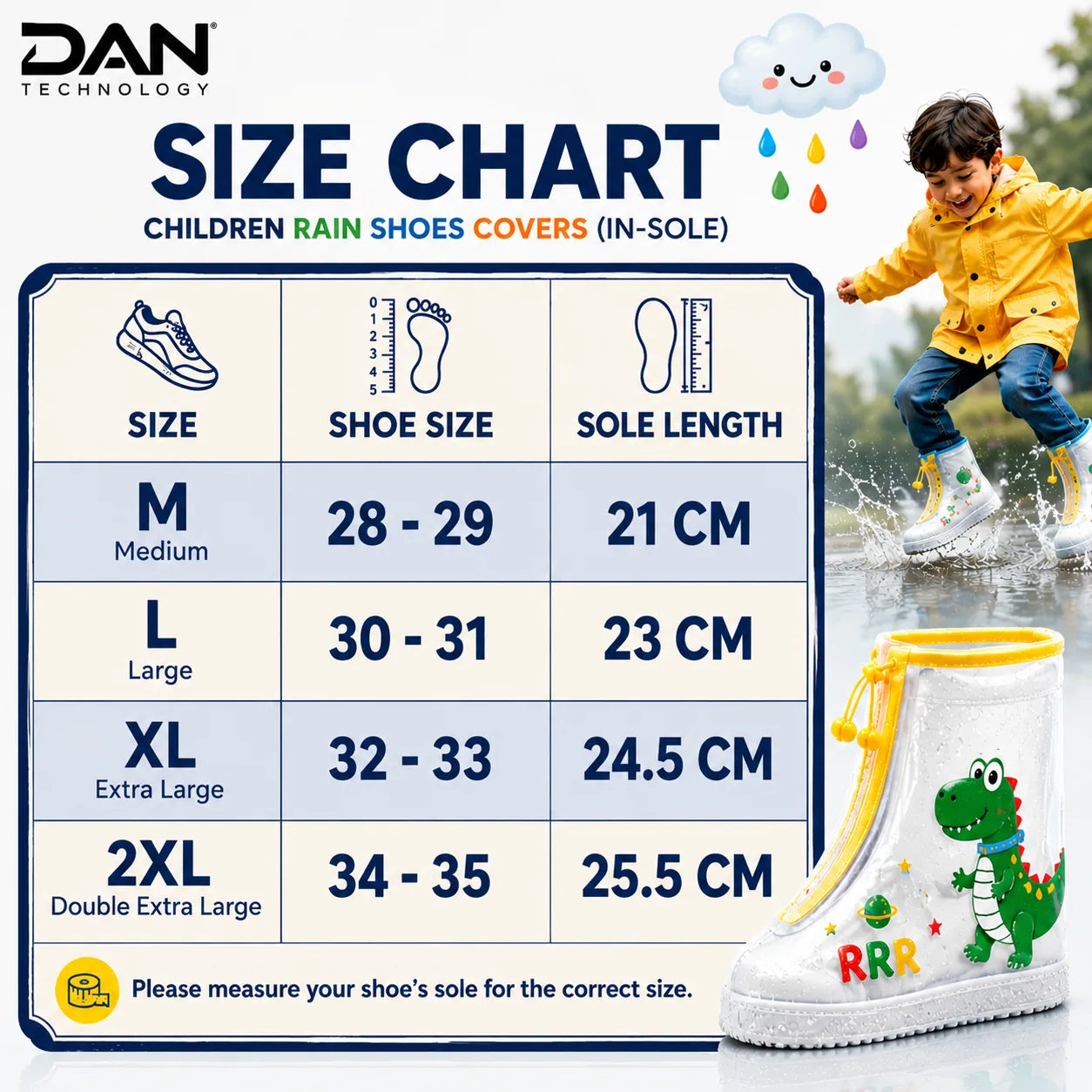 DAN TECHNOLOGY Premium Kids Waterproof Rain Shoe Covers with Anti-Slip Sole