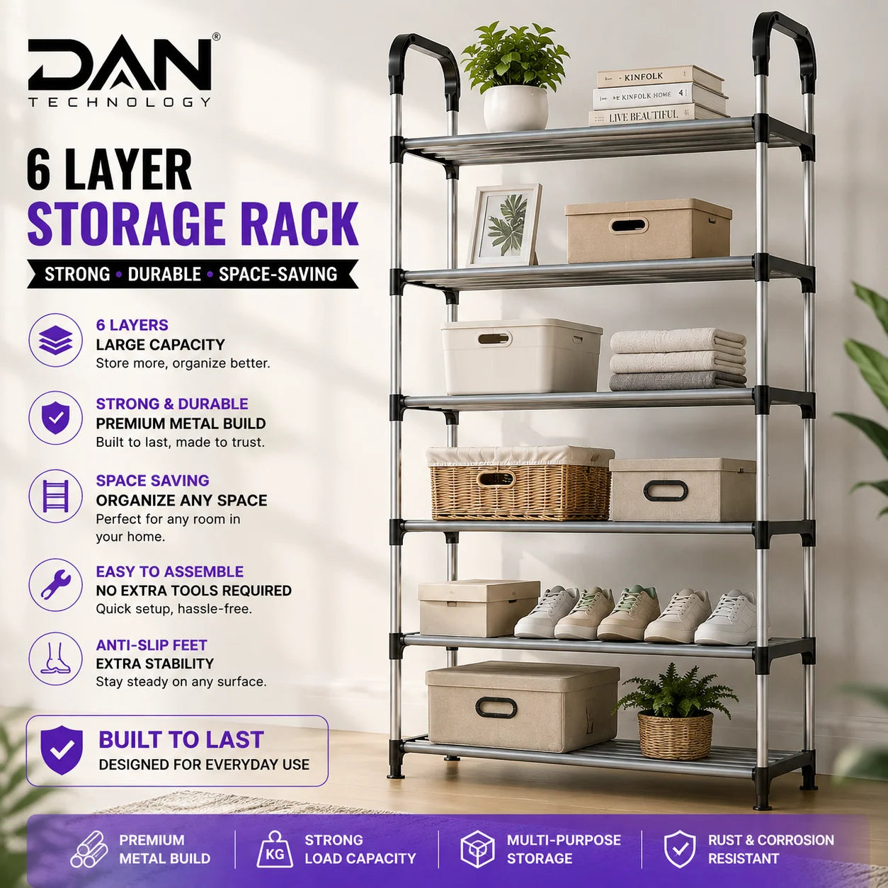 DAN TECHNOLOGY Premium 6-Tier Stainless Steel Shoe Rack